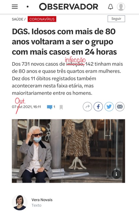 Vera Novais, «D.GS. Idosos com mais de 80 anos voltaram a ser o grupo com mais casos em 24 horas», in Observador, 7/X/21
