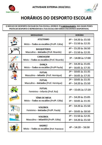 Horários Desporto Escolar 2010-2011