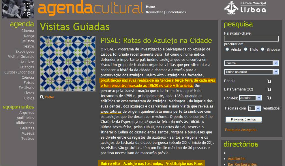 Prostituição nas ruas... (Agenda Cultural da C.M.L., 13/1/2012)